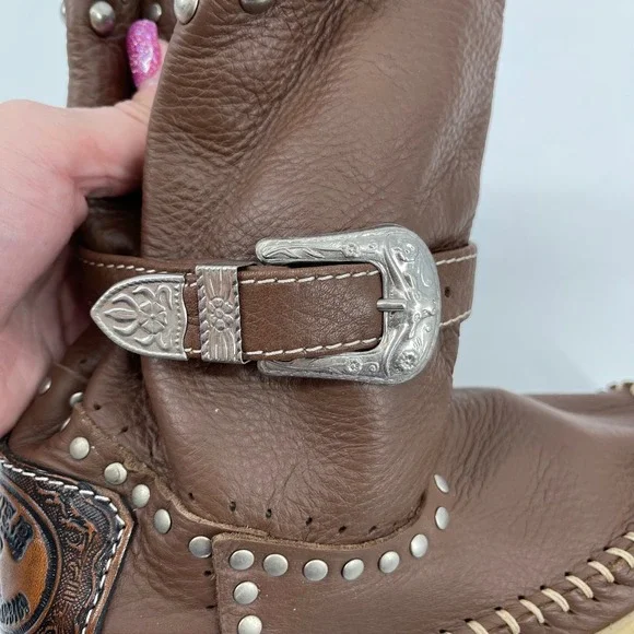 Hector Riccione Made in Italy Leather Studded Buckle Western Boots Brown Size 7 - Picture 4 of 9